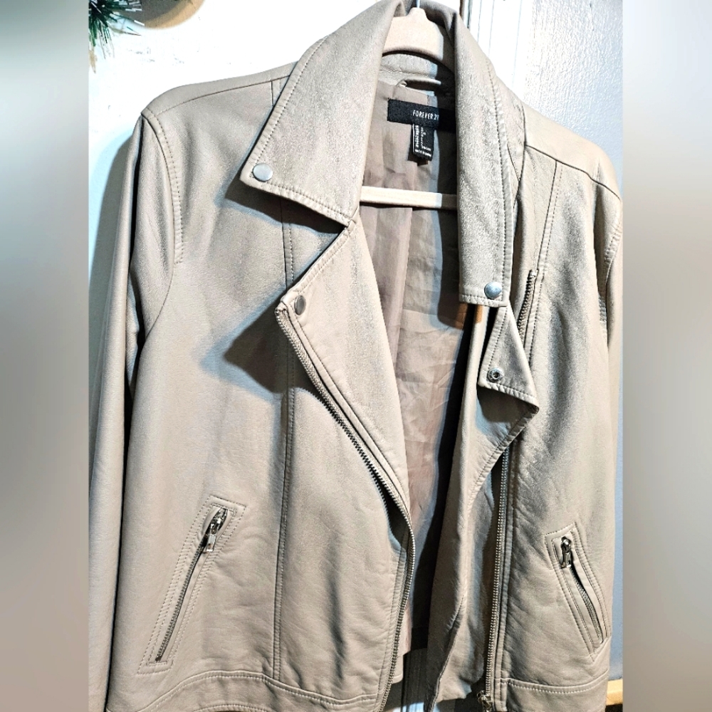 Faux Leather Moto Jacket.  Large   Taupe/ Tan